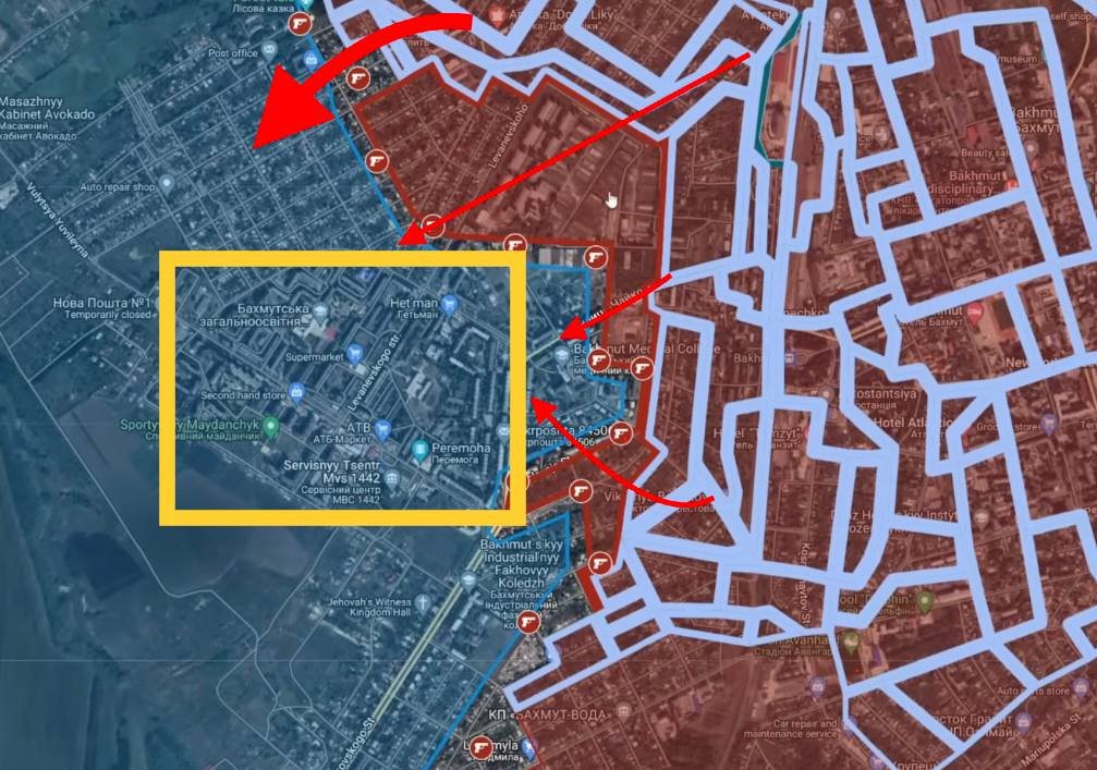 Trollstoy88's tweet photo. A massive Russian breakthrough in Bakhmut, the AFU are now packed tight in the districts of Cherema, 18-th School and Novy. https://t.co/W7Pm4dXmXo
