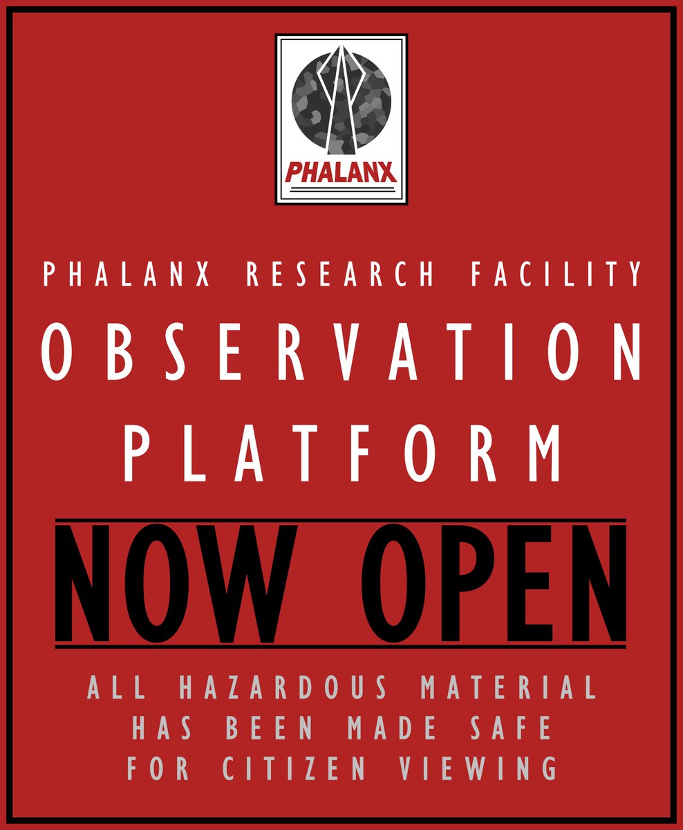 BlockCoasters's tweet image. --- INCOMING TRANSMISSION ---
The Phalanx have now opened the Phalanx Research Facility Observation Platform for citizen viewing.
This is a restricted area under the jurisdiction of the Phalanx. Please follow all instructions.
--- TRANSMISSION END ---