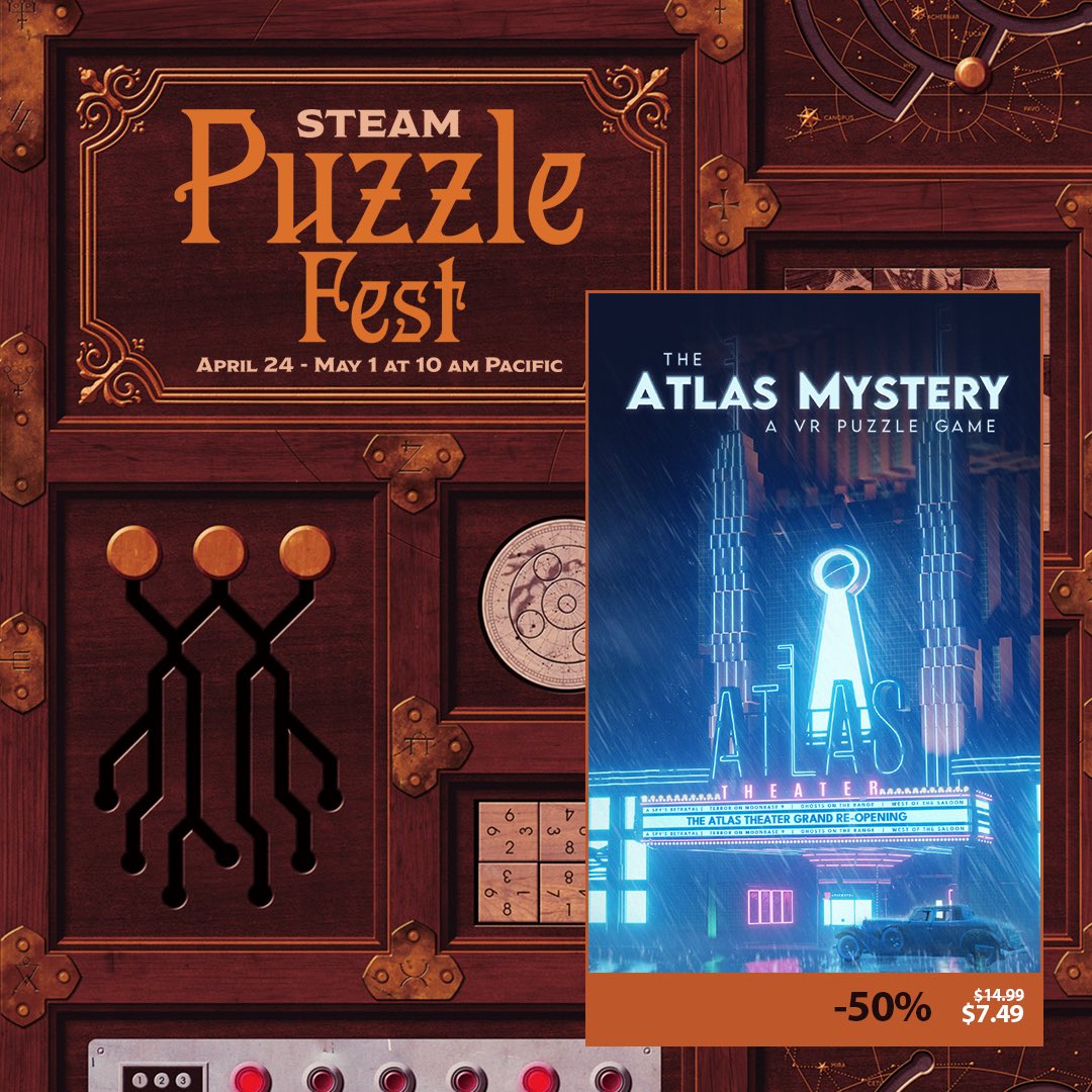 AtlasMysteryVR's tweet photo. The hit VR escape room game The Atlas Mystery is 50% off as part of @Steam Puzzle Fest! Immerse yourself in a challenging puzzle experience from the makers of Belko VR. Can you solve the mystery behind the Atlas Theater? https://t.co/afsXZVfQlI https://t.co/xYI6GSI1Q6