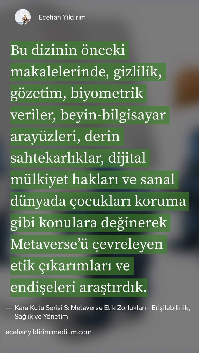 ecehanyildirim's tweet photo. #Metaverse'te gezinmek, karmaşık etik zorluklarla birlikte gelir.  Dizimizin 3. bölümünde #gizlilik, #gözetim ve dijital haklar gibi ek endişeleri ele alıyoruz.  Bu sürükleyici dünyanın geleceğini şekillendirirken sohbete katılın 
🌐🔍

https://t.co/RojXpqX12K

 #EthicsInMetaverse #VirtualWorlds