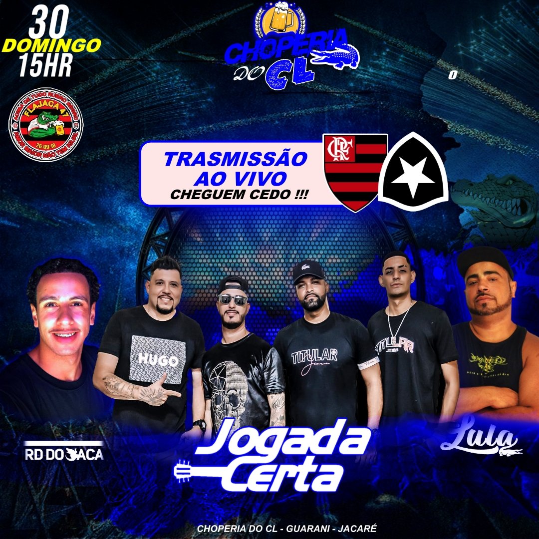 Domingo Tem Clássico ⚽⚽
Flamengo e bostagofo 🤣
Mas Tarde Rola nosso Pagode 
Super Lotado !! 
Grupo Jogada Certa
Djs tocando todos os RITMOS
<a href="/Jogadaoficial/">Grupo Jogada Certa 🎼</a> @djluladojacaa