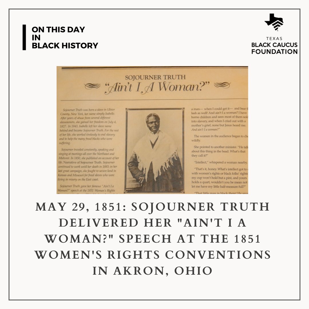 “Ain’t I a Woman?” is now recognized as one of the most famous abolitionist and women’s rights speeches in American history. Sojourner continued to speak out for the rights of African Americans and women during and after the Civil War.

#txlbc #txbcf #txlege #sojournertruth