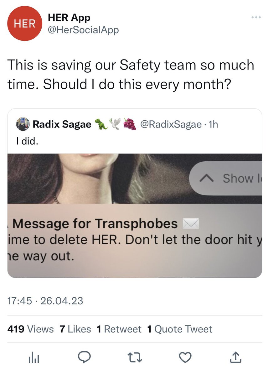RadixSagae's tweet photo. Don‘t let the door hit you on the way out. 😘
#HERapp #HERsocialapp #boycottHER #boycottHERapp https://t.co/xhI4t9jxfe