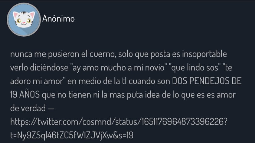 cosmnd's tweet photo. Y a ti por qué te importa que se traten LINDO, te ardías literalmente por una relación completamente sana. ¿Y según quién no puedes saber lo que es el "amor de verdad" a los 19?
Sigue ardiéndote por personas que se quieren / aman bastante y deja de entrometerte en la vida de https://t.co/hQ04TjxpID