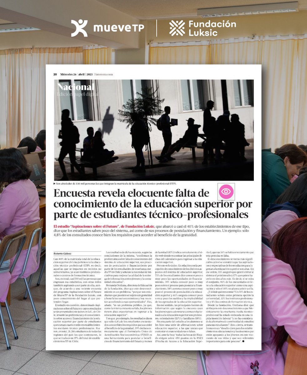 Los invitamos a leer la nota de <a href="/laterceracom/">La Tercera</a> que aborda los resultados de Aspiraciones sobre el Futuro, programa de Fundación Luksic que identifica las motivaciones y barreras que enfrentan estudiantes de liceos técnicos al entrar a la educación superior. bit.ly/3Lub3yr