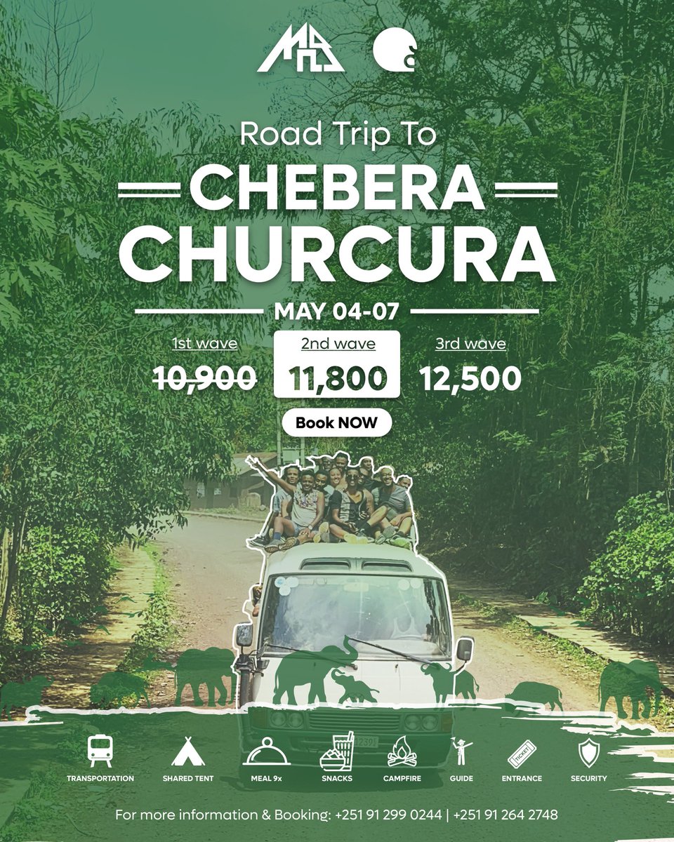 FIRST WAVE TICKETS 🎟️ SOLD OUT 🐘🐘

First wave tickets - 10900 ETB 
Second wave tickets - 11800 ETB 
Third wave tickets - 12500 ETB 

Package includes - 🚎 🍱👮🏾‍♂️🍘🏕️🔥🎟️
Make sure to register and pay through the google form in our bio and telegram group. 

tinyurl.com/Tobiya