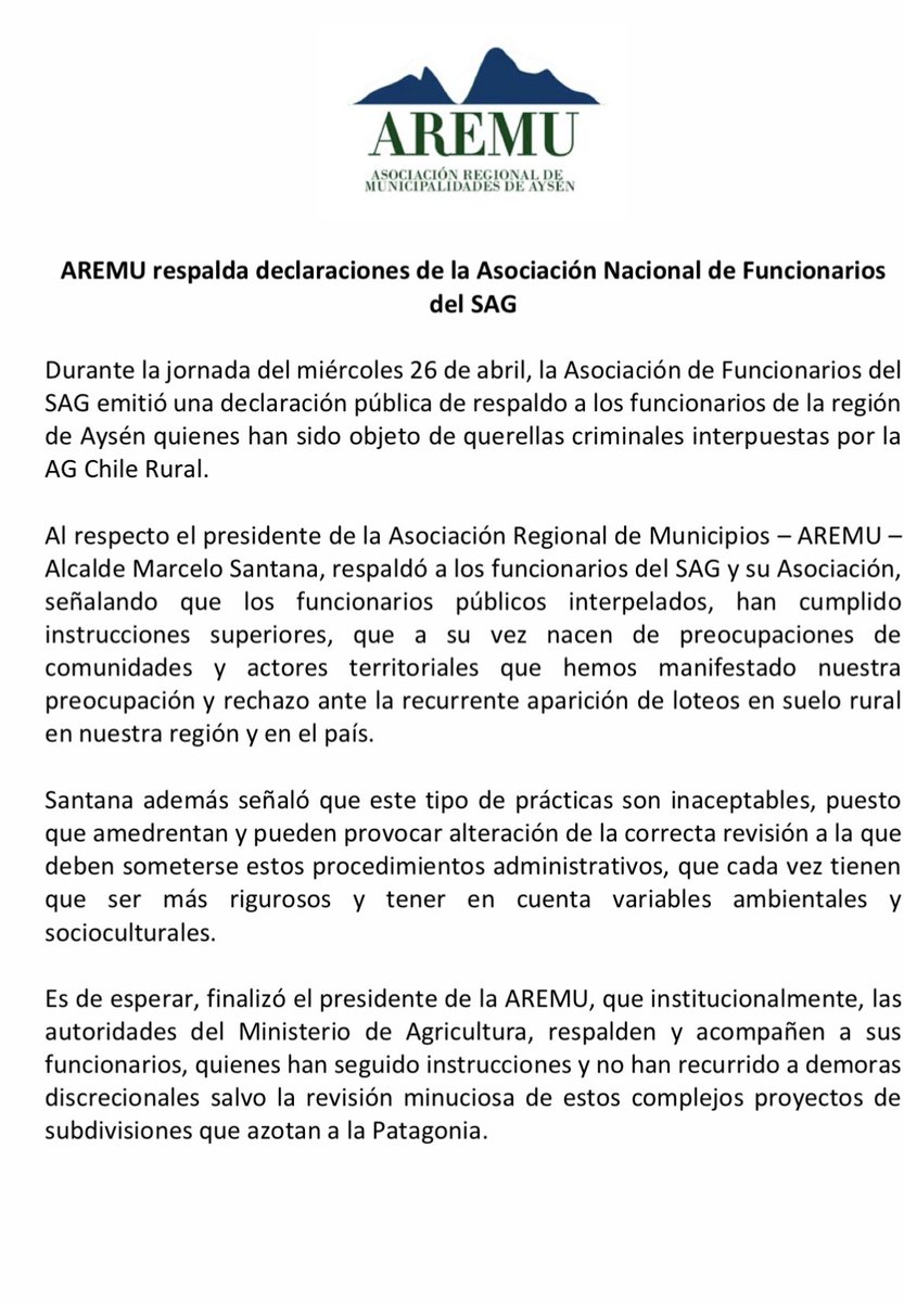 <a href="/aremuaysen/">Asociación Regional de Municipalidades de Aysén</a> respalda declaración de <a href="/AFSAGAYSEN/">AFSAG Aysén</a> CC <a href="/marcelosantanav/">Marcelo Santana, Gobernador de Aysén</a> <a href="/Munirioibanez/">Municipalidad de Río Ibáñez</a>