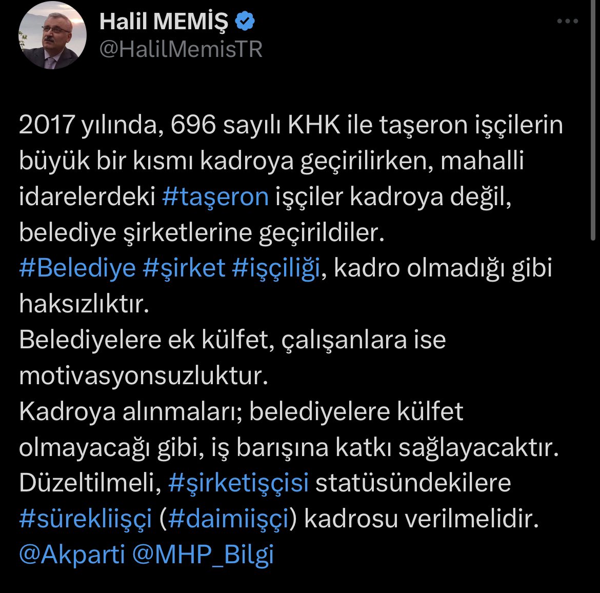 <a href="/omerrcelik/">Ömer Çelik</a> Bunca Kırgın ve Üzgünle Seçime Gitmek
Ne Kadar Akıllıca Saygıdeğer Siyasilerimiz
Belediye Şirket İşçilerine Norm Kadro <a href="/Akparti/">AK Parti</a> <a href="/RTErdogan/">Recep Tayyip Erdoğan</a> <a href="/tcbestepe/">T.C. Cumhurbaşkanlığı</a> @ErbakanFatih <a href="/dbdevletbahceli/">Devlet Bahçeli</a> <a href="/iletisim/">T.C. İletişim Başkanlığı</a> <a href="/fahrettinaltun/">Fahrettin Altun</a> <a href="/mustafaelitas/">Mustafa Elitaş</a> <a href="/akbasogluemin/">Av. M.Emin AKBAŞOĞLU 🇹🇷</a> <a href="/AvOzlemZengin/">Av. Özlem Zengin 🇹🇷</a> 
#BldŞirketeNormKADRO