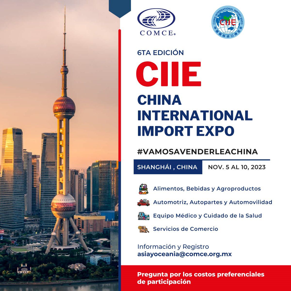 ComceOficial's tweet photo. #VamosAvenderleAChina ¡Esta es tu oportunidad! Participa en CIIE 2023 y exhibe tus productos en la Expo más importante de China 🇨🇳
🗓️05 - 10 de noviembre
Costos y registro: 
📩asiayoceania@comce.org.mx
#AlimentosyBebidas🥑🥩🍤🍫🧃🍺#Automotriz🚗#EquipoMedico💊🩺#Servicios💼 https://t.co/ROFWUypkZX