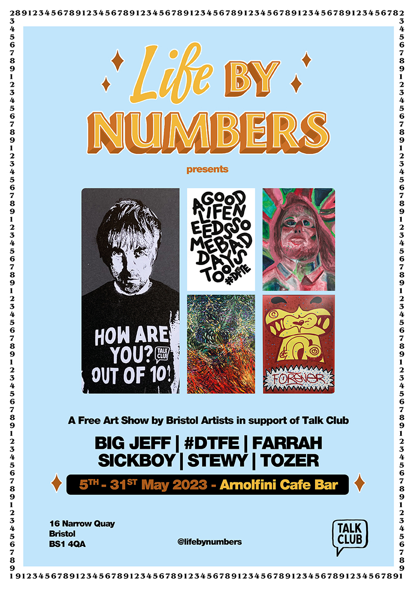 STEWY - 'Life By Numbers' at the Arnolfini Cafe BRISTOL in partnership with @talkclubcharity Six Bristol artists 5th - 31st May. The focus is raising awareness of male mental health. #mentalhealthawareness @bristolbeerfactory @bristol247 @AFGANGAF @idlesband