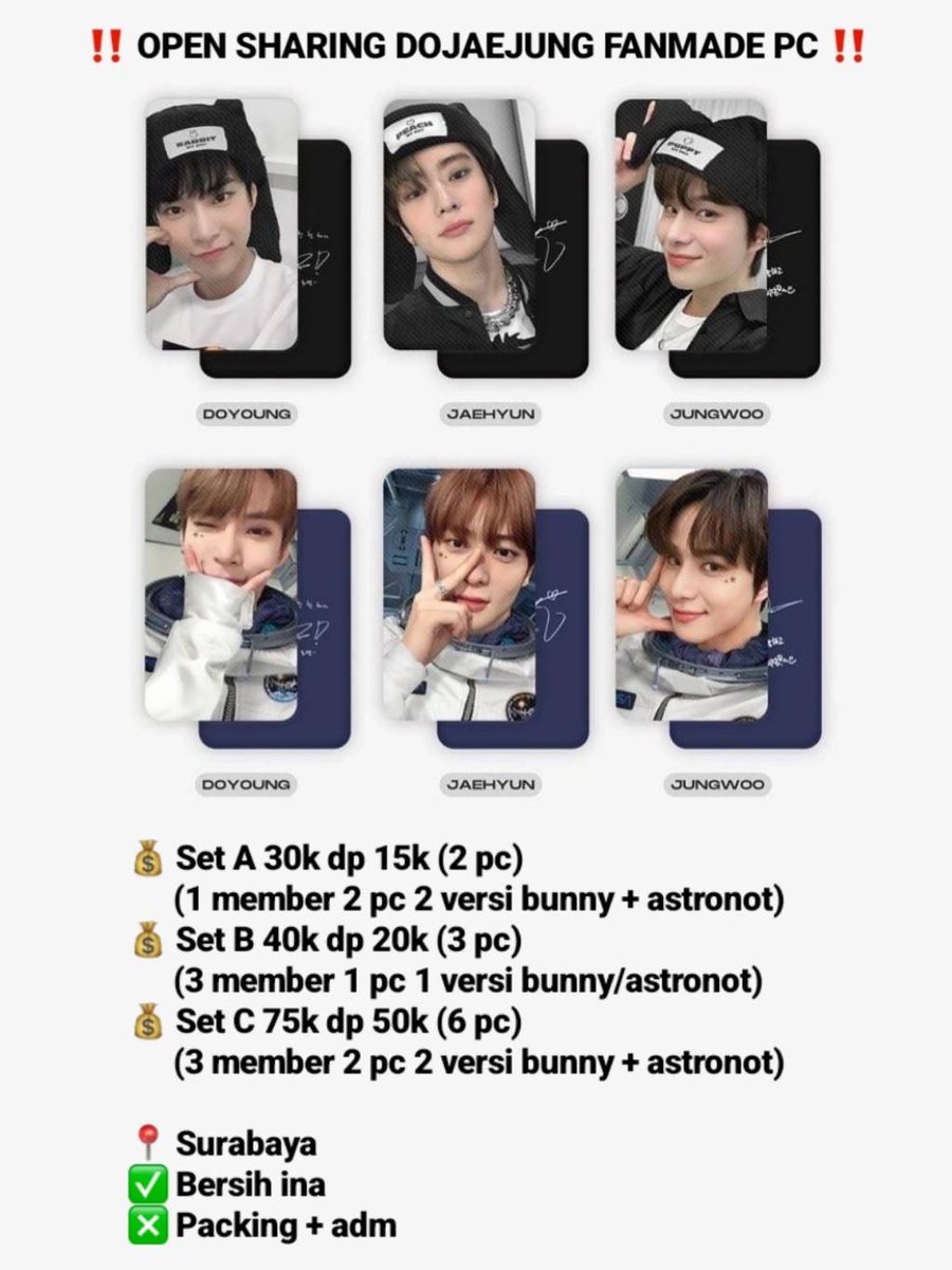lattecookiekun's tweet photo. ‼️ Open Sharing DJJ Fanmade PC ‼️

💰 Harga ada di gambar
🗓️ 30 April 2023 jam 12:00 WIB
📍 Surabaya
✅ Bersih ina
❎ Packing + adm

Tags;
Wts opshar djj dojaejung nct 127 nct127 doyoung jaehyun jungwoo
#opshar #wts #djj #dojaejung #doyoung #jaehyun #jungwoo #nct #nct127 https://t.co/r9UAt04l5i