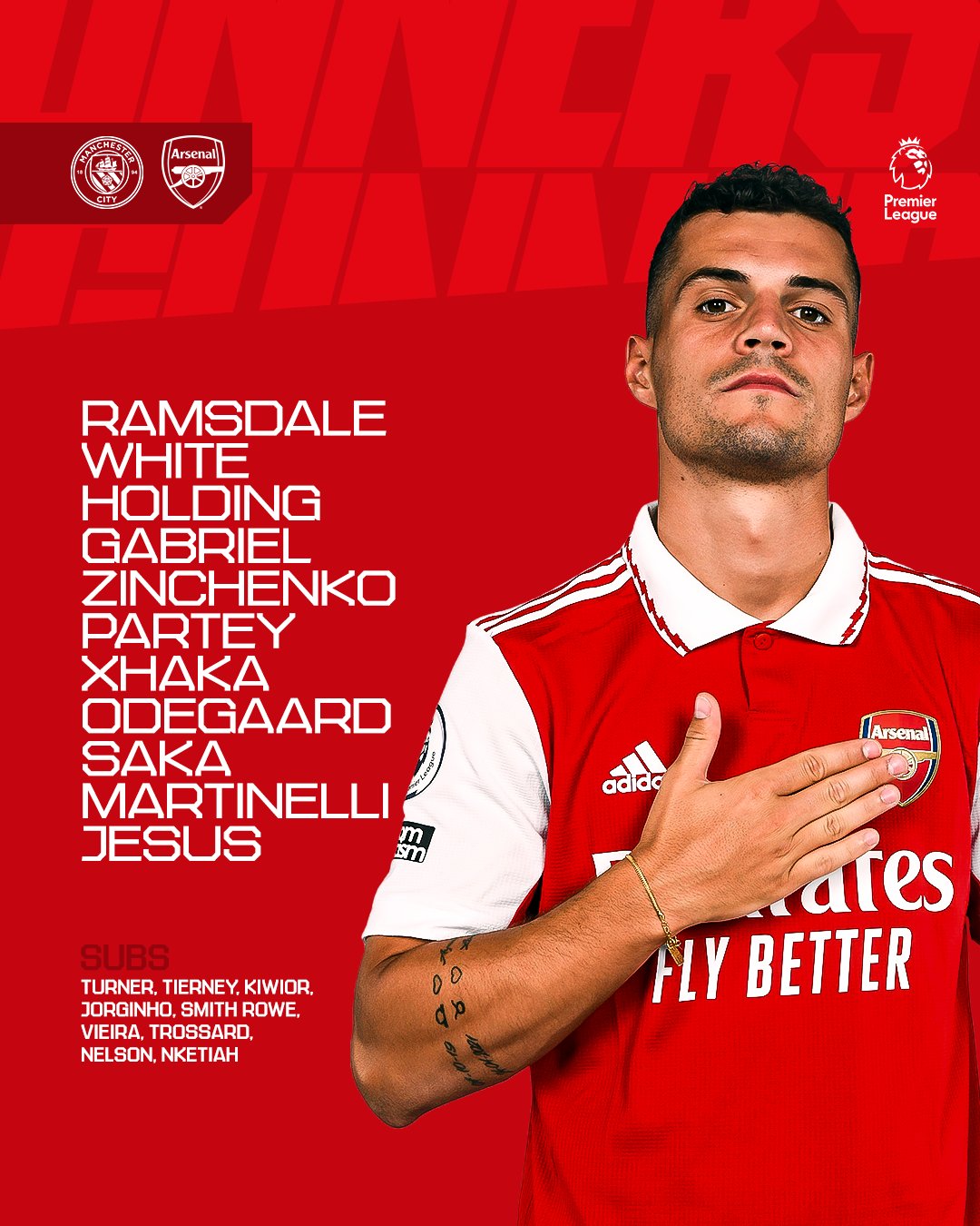 Starting XI: Ramsdale, White, Holding, Gabriel, Zinchenko, Partey, Xhaka, Odegaard, Saka, Martinelli, Jesus. Subs: Turner, Tierney, Kiwior, Jorginho, Smith Rowe, Vieira, Trossard, Nelson, Nketiah.