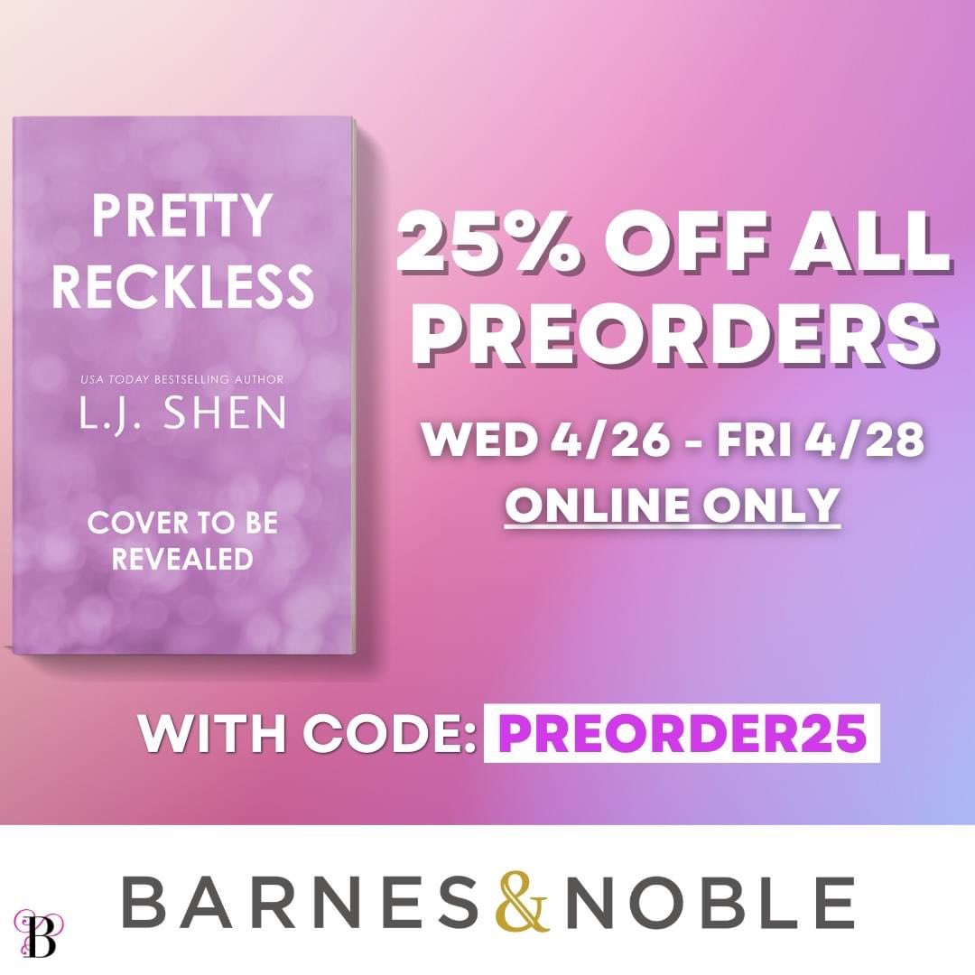 The paperback cover reveal for PRETTY RECKLESS - the new Bloom Publishing cover - is happening TOMORROW! 

And there is no better way to celebrate than with a 25% discount preorder from Barnes &amp; Noble! 

Preorder your copy now using code: PREORDER25  

bit.ly/40EOpZx