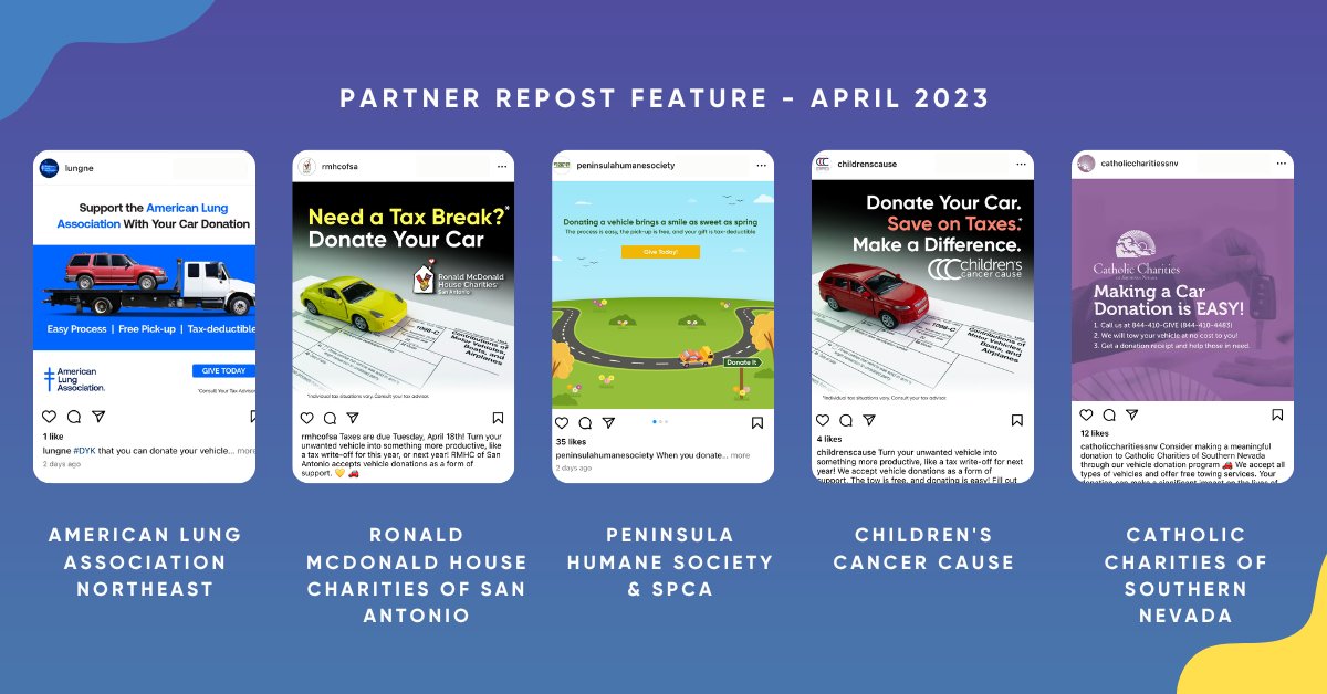 charitableauto's tweet photo. Spring is in bloom, like these vehicle donation posts from our partners this month! 🌻 Make the most of the opportunity to promote your #VehicleDonationProgram by downloading social media content from our content portal to share with your supporters today. #CARS4Good https://t.co/Z0st1i9pjU