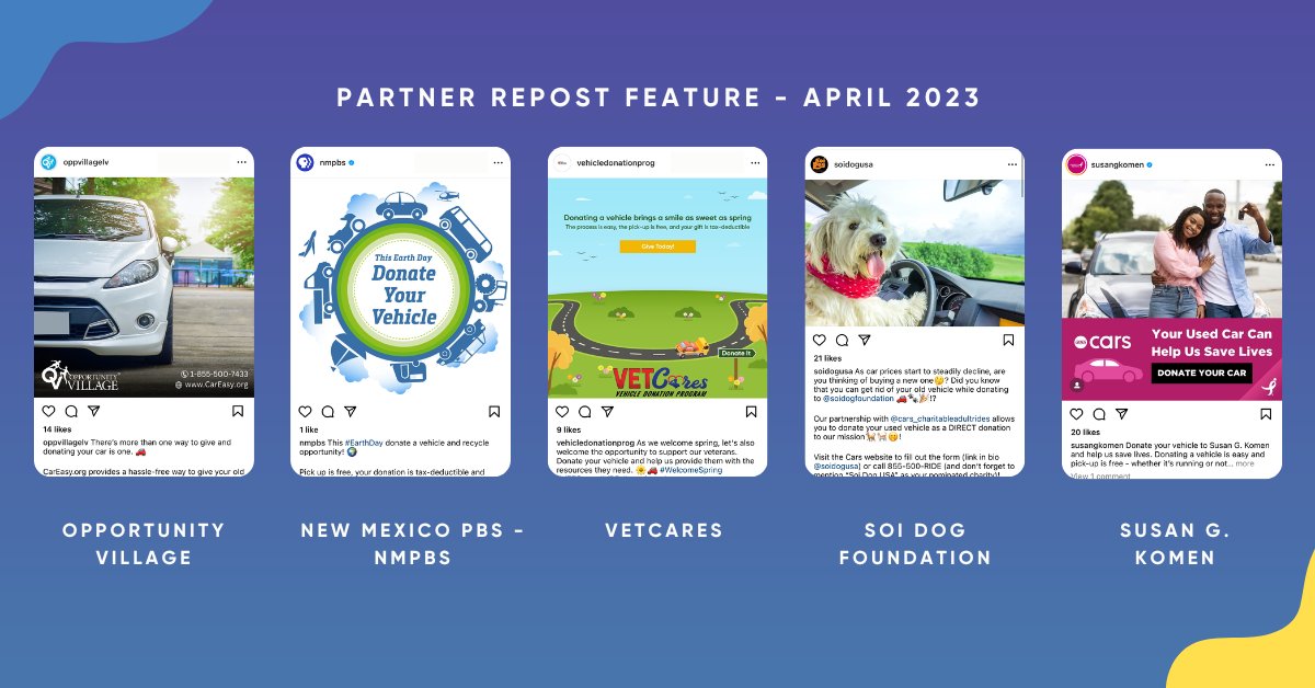 charitableauto's tweet photo. Spring is in bloom, like these vehicle donation posts from our partners this month! 🌻 Make the most of the opportunity to promote your #VehicleDonationProgram by downloading social media content from our content portal to share with your supporters today. #CARS4Good https://t.co/Z0st1i9pjU