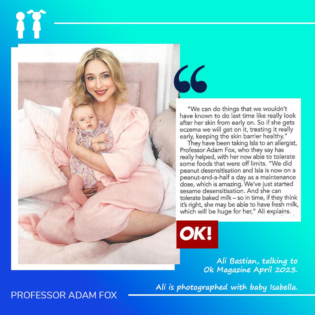 Professor in Paediatric Allergy @DrAdamFox was recently mentioned in @OKmagazineUK as @alibastian discussed the treatment and care provided by Professor Fox to her family. We thank Ali for raising important awareness of food allergies in children ✨