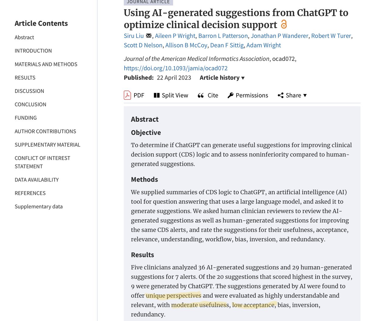 To improve clinical decision support logic, ChatGPT suggestions were unique & relevant but less useful & acceptable than human suggestions. Sounds about right 😂 Nice work @vumcdbmi @VUMC_VCLIC @Siruliu1 @adamatw @deansittig @allisonbmccoy & colleagues! academic.oup.com/jamia/advance-…