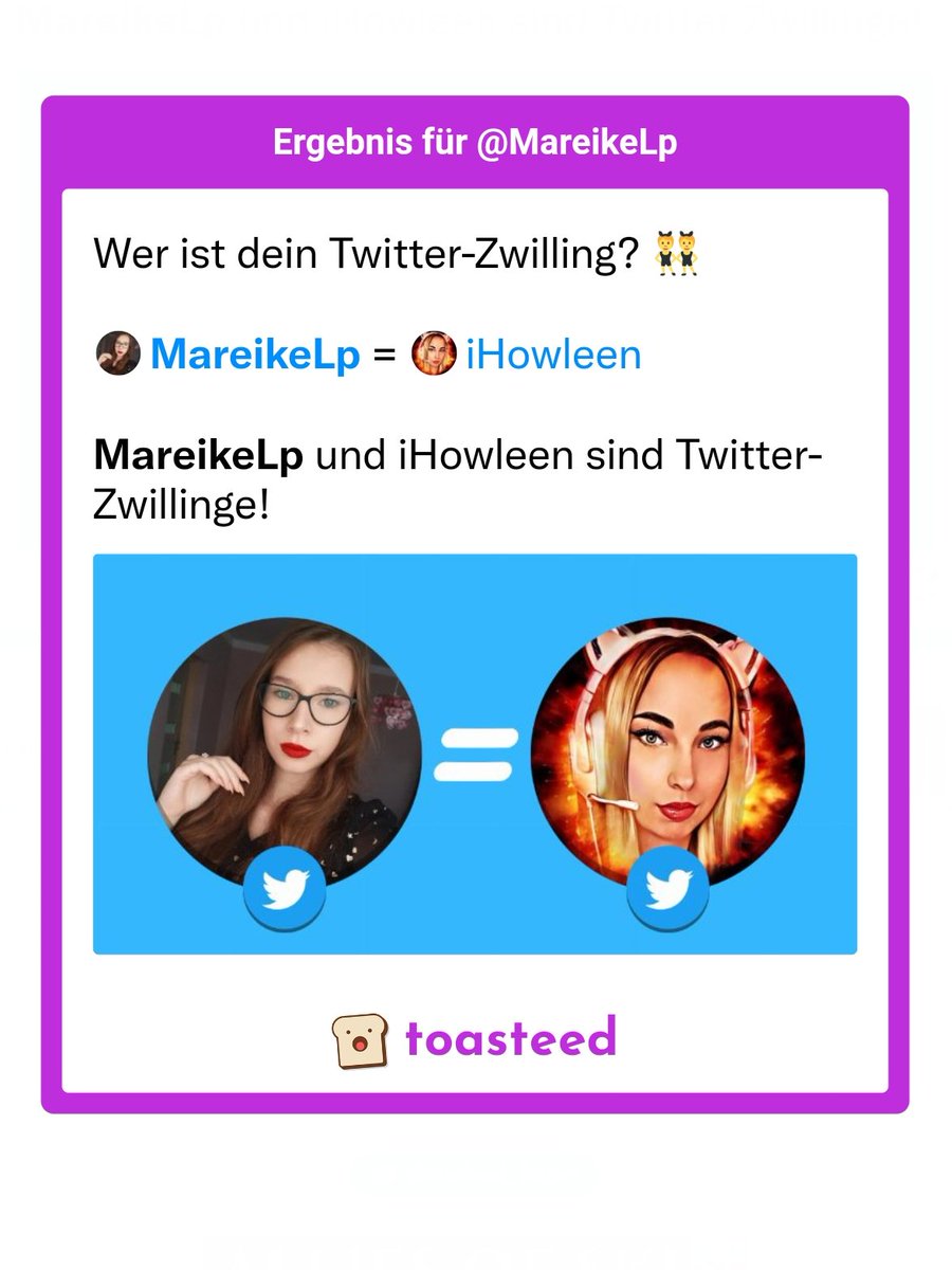 MareikeLp's tweet photo. Wer ist dein Twitter-Zwilling? 👯

❤❤❤❤❤❤❤❤❤❤❤❤❤❤

@MareikeLp = @iHowleen

MareikeLp und iHowleen sind Twitter-Zwillinge!

#twitterZwilling #toasteed
https://t.co/DRr84j60ys https://t.co/oMKUYwHlLb
