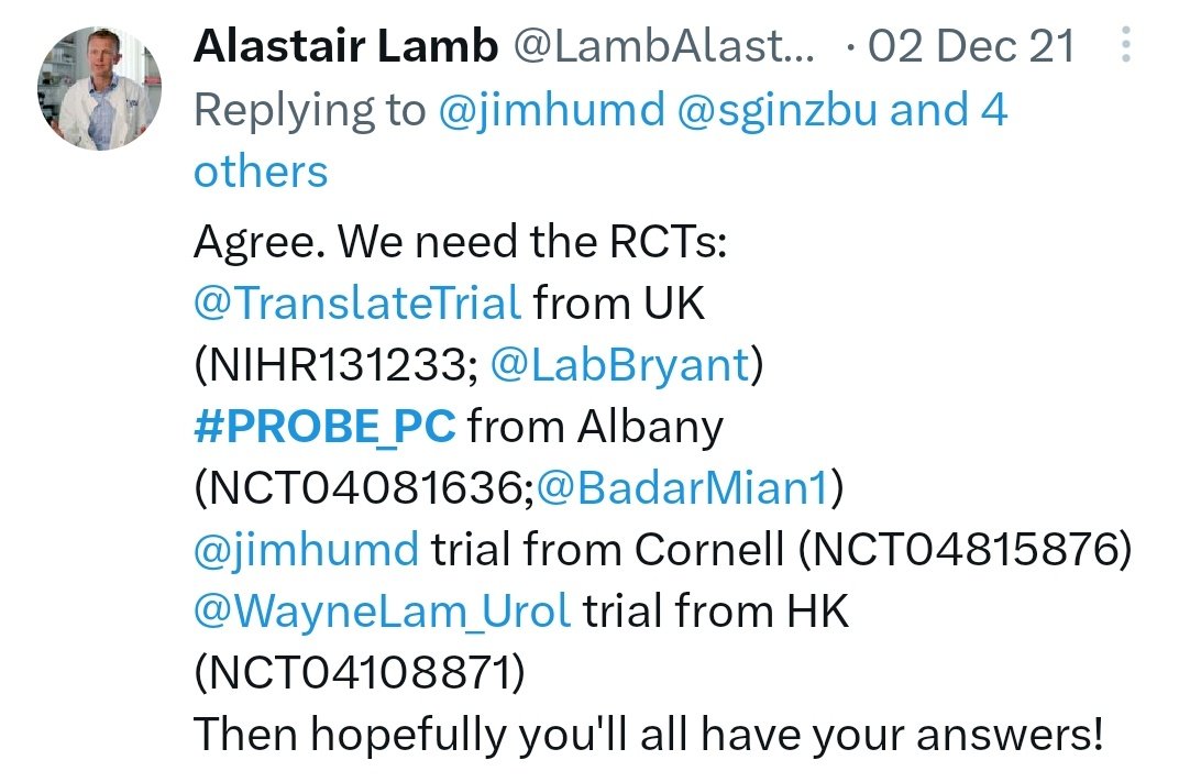 LambAlastair's tweet photo. @moteknyc @dr_coops @LoebStacy @uroegg @MMSiddiquiMD @PNLogic @Uroweb @PCORI Evidence still v mixed (& weak as cohort studies only). Pros&cons for both. Def still equipoise. Guideline producers (EAU, NICE, AUA) rightly waiting until @TranslateTrial, #PROBE_PC & @PCORI report. Declaration: am co-CI of one of these...but it cd be much closer than u think! https://t.co/n3NKumIDai
