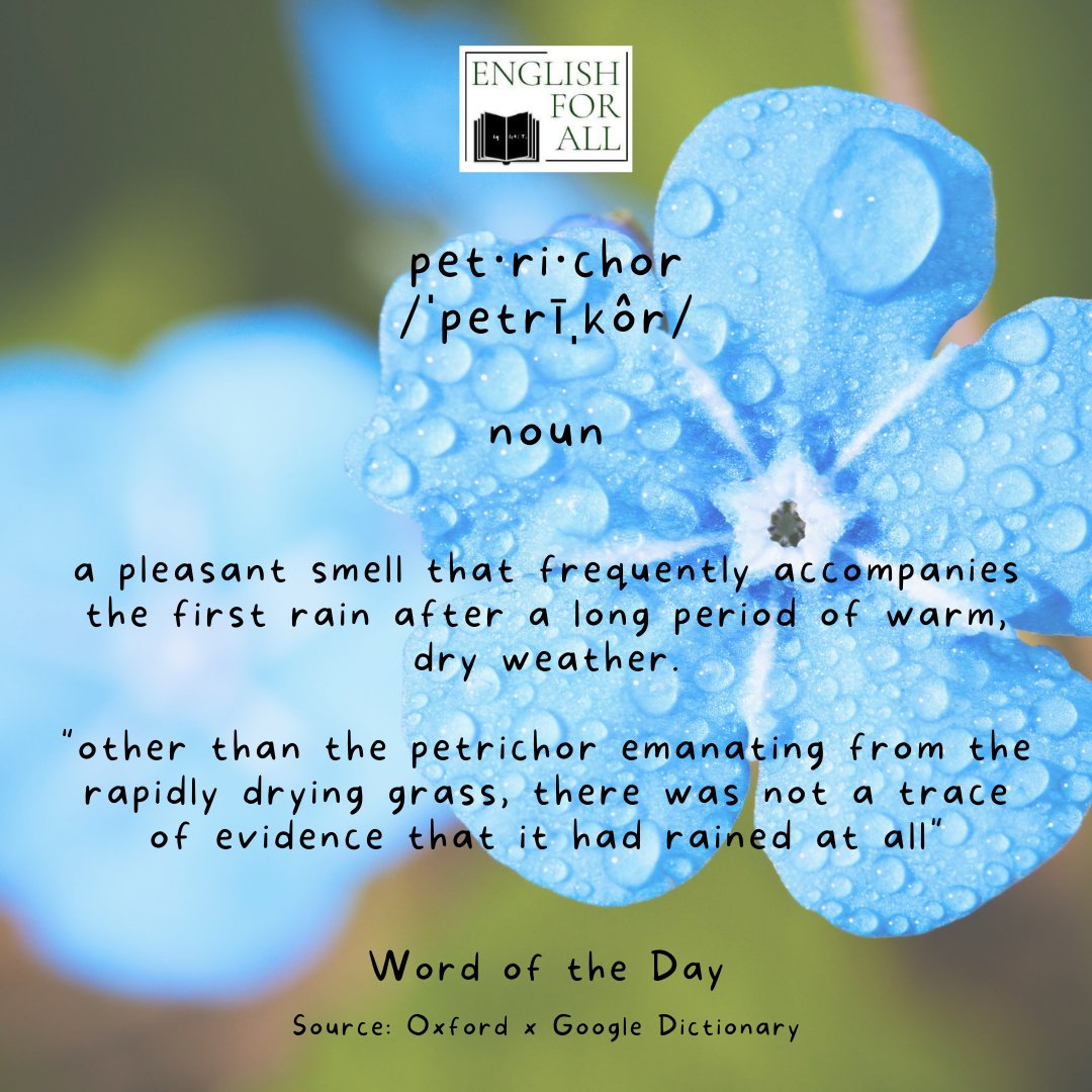 englishforall88's tweet photo. Today's #wordoftheday is #petrichor which is related to #rain. Do you love rain? Can you try to make a sentence by using it? ☔
#vocabulary #vocab #word #English #learningEnglish #EnglishForAll
ig/twitter/fb page: @englishforall88 https://t.co/P9x4bqgYgV