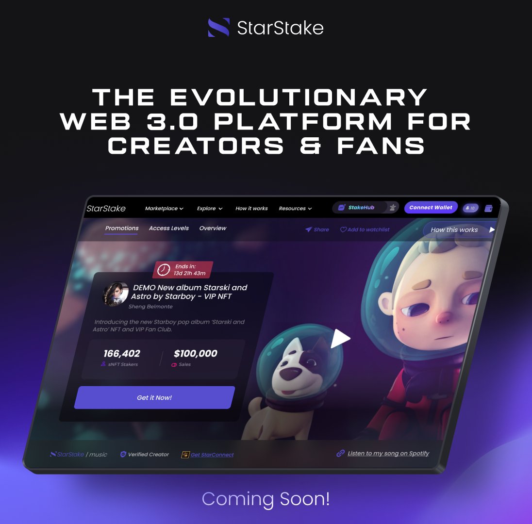 star_stake's tweet photo. 🤩🎈 Unite with your fans on #StarStake! Create unforgettable #gamified experiences and foster a vibrant, engaged community that will evolve as you rise to stardom. 🎮🎉 #StarStakeCreators #FanEngagement #NFTs https://t.co/vB453gITrW