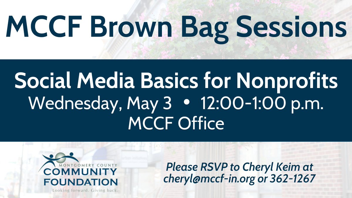 Social media can be a great tool for your organization! Learn the basics and more at our free Brown Bag Session for local nonprofits on Wednesday, May 3 from 12:00-1:00 p.m. at the MCCF office.

Please RSVP to cheryl@mccf-in.org or by calling 362-1267.