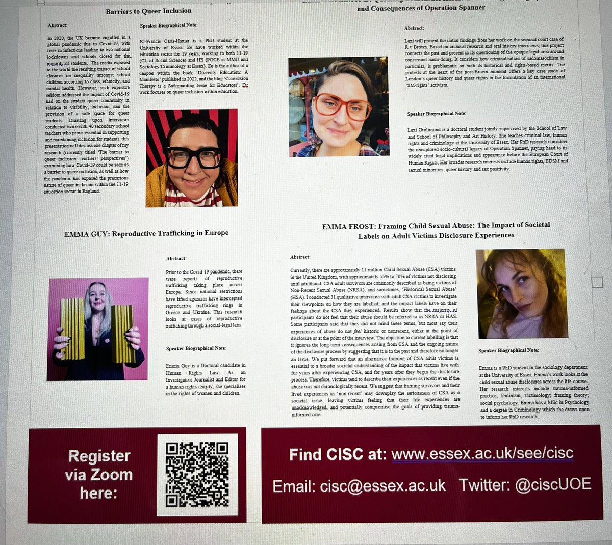 Come and listen to PhD students about their research as part of @ciscUoE seminar series. Use QR code to register and some fab speakers @Emma111189 @EssexPostgrads @essexsociology @EssexSocSci
