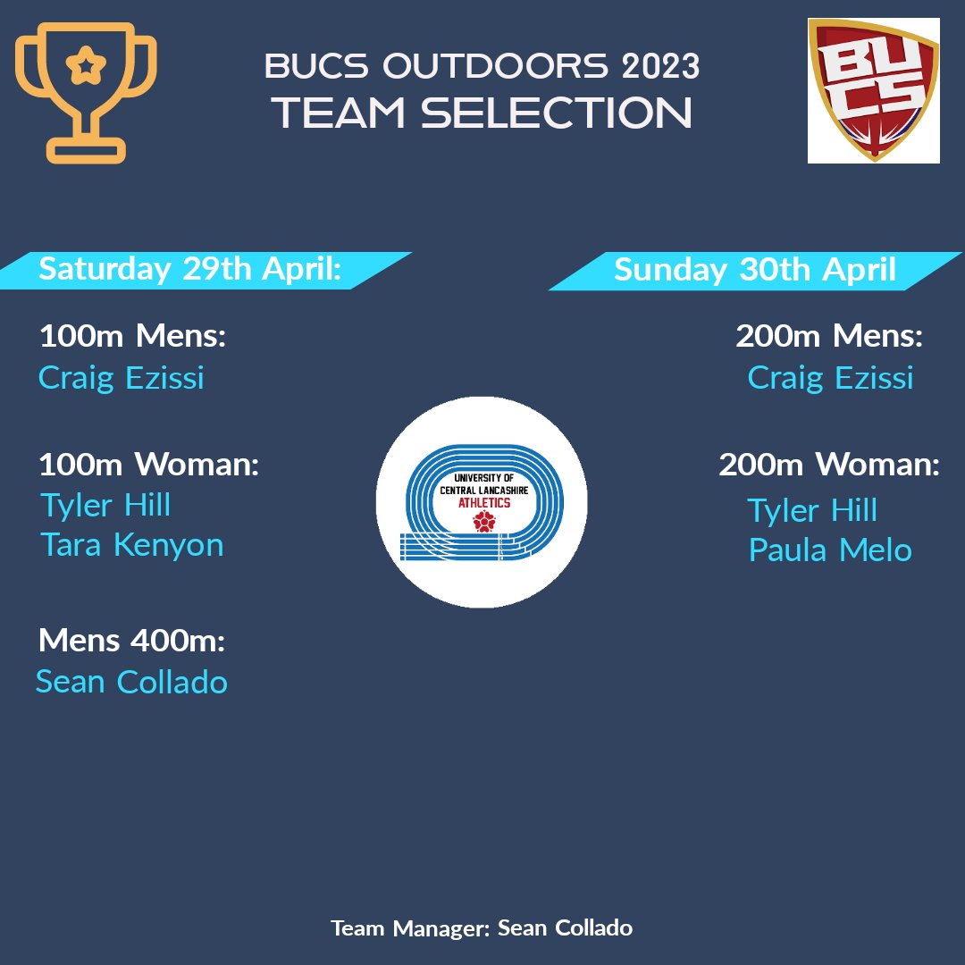 Team selection for our 6th and final competition of the season - BUCS outdoors. Come down to  Sports City athletics track in Manchester for a weekend of athletics and to support your guys one final time ! ⚪️🔵