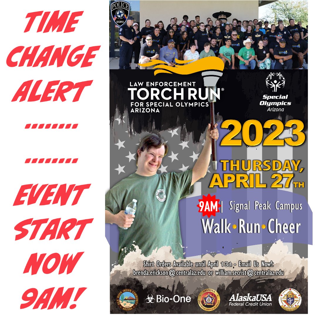 EventsCac's tweet photo. You are invited to participate in the 2023 Law Enforcement Torch Run for Special Olympics Arizona at Central Arizona College's Signal Peak Campus in Coolidge, AZ on Thursday, April 27th at 9AM (NEW TIME)!

Contact brenda.erickson@centralaz.edu to purchase your 2023 LETR shirt! https://t.co/XGRFjIUSoV