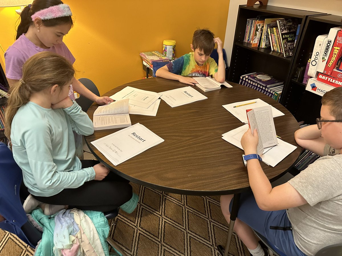MrsBrowne30's tweet photo. The joys of class novel study! LOVED the first day of introducing our class novel and watching these almost 5th graders DIVE in with one another! ๐ โบ๏ธ #BFE #Restart #GordonKorman #greatness https://t.co/Iq4r0e74ju