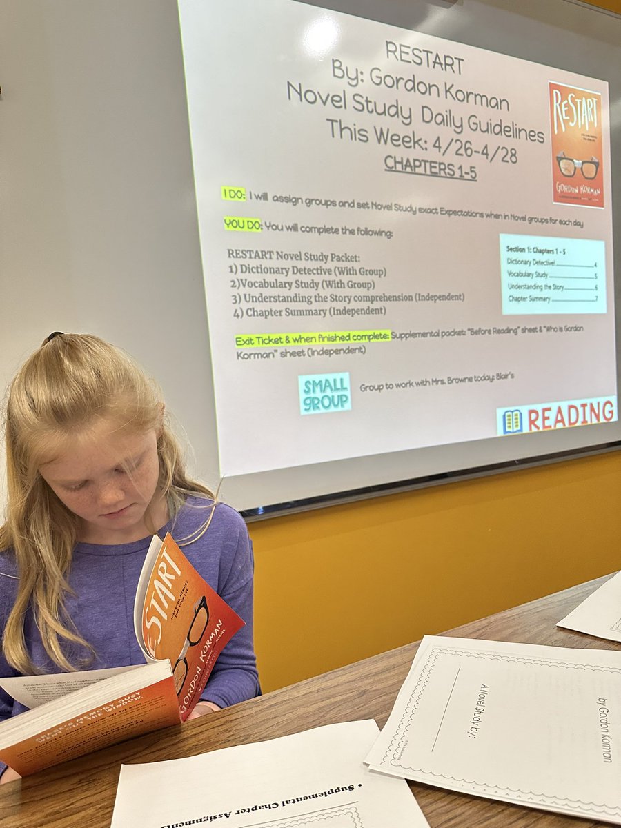 MrsBrowne30's tweet photo. The joys of class novel study! LOVED the first day of introducing our class novel and watching these almost 5th graders DIVE in with one another! ๐ โบ๏ธ #BFE #Restart #GordonKorman #greatness https://t.co/Iq4r0e74ju