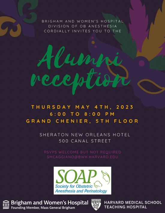 MGB_OB_Anes's tweet photo. We look forward to welcoming all our Brigham alumni at #SOAPAM23!! https://t.co/p4QxOtNHcH