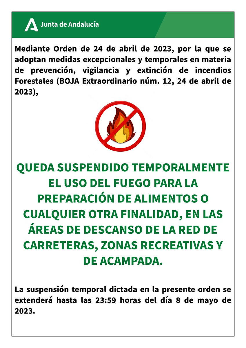Para aquellas personas que estén pensando en organizar una barbacoa o cualquier otra celebración en el campo, en los próximos días, debemos recordarles que no está permitido el uso del fuego para preparación de alimentos, debido al alto riesgo meteorológico de incendio forestal.