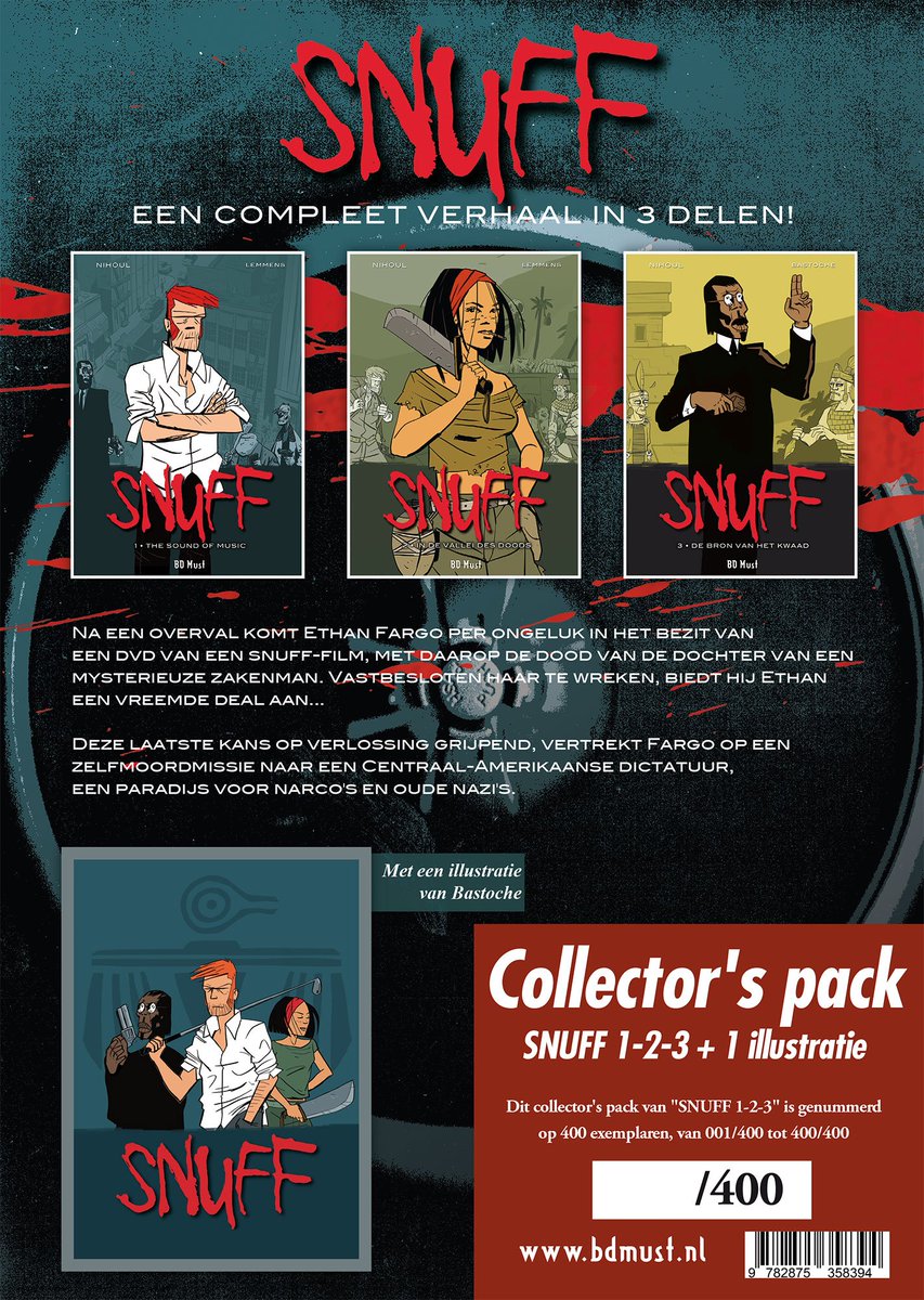 stripland_BENL's tweet photo. Een collector's pack (+ prent) met de drie verhalen uit de #Snuff trilogie is verschenen bij #BDMust. Na een overval komt Ethan #Fargo per ongeluk in het bezit van een dvd van een snuff-film, met daarop de dood van de dochter van een mysterieuze zakenman. #Bastoche https://t.co/c0zdU9Pg82