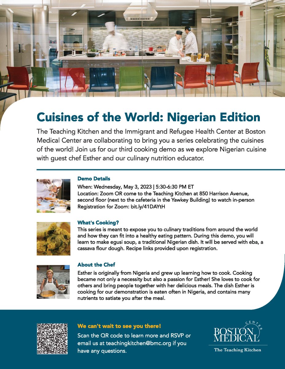 BMC_IRHC's tweet photo. NEXT WEEK on May 3: #IRHC & @The_BMC Teaching Kitchen are teaming up for our third cooking demo! Join us as we explore Nigerian cuisine with guest chef Esther. More details below ⬇️ ⬇️ #cuisinesoftheworld #teachingkitchen https://t.co/bdMS94GwD3