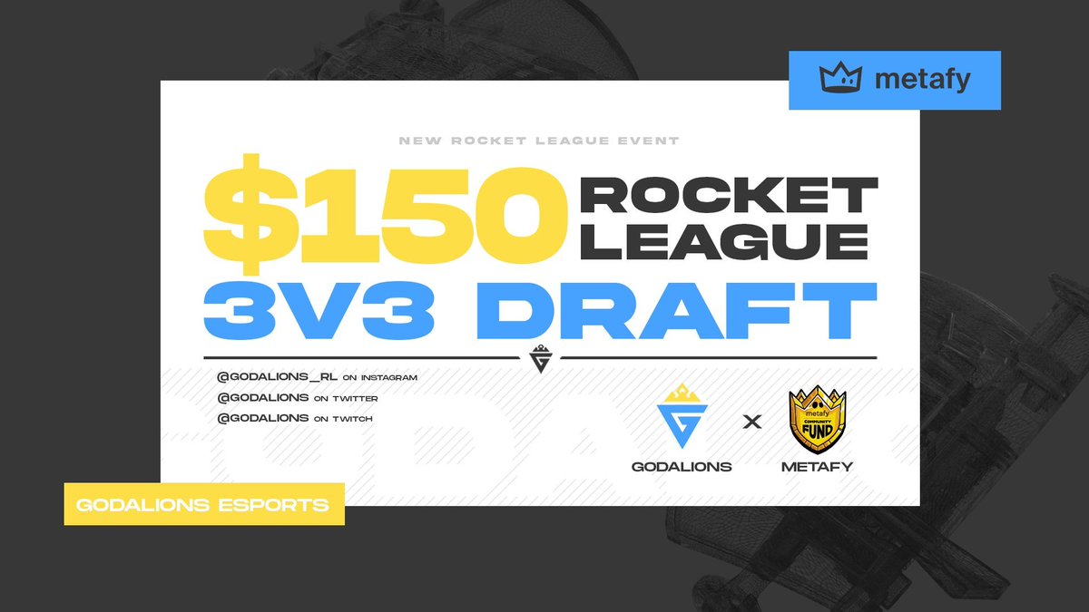 godalions's tweet image. [ROCKET LEAGUE]

Our Godalions x Metafy draft tournament will be kicking off shortly!

A total of 8 teams will be battling it out for the $150 prize pool.

Stream link below 👇