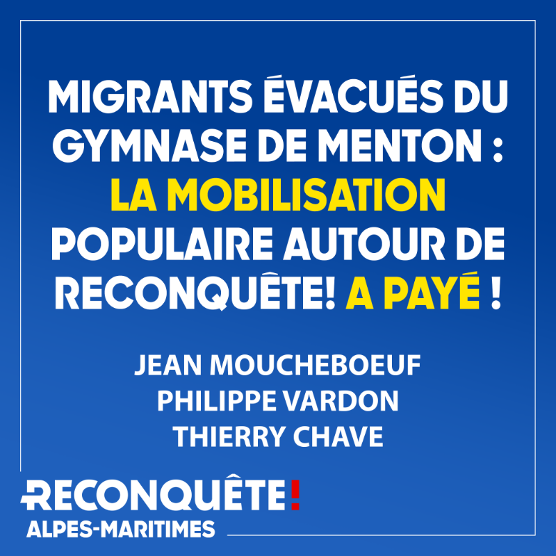 P_Vardon's tweet photo. ► 4 JOURS APRÈS LE RASSEMBLEMENT DE @RECONQUETE_OFF, LES MIGRANTS INSTALLÉS DANS LE GYMNASE DU CARÉÏ À MENTON SONT ÉVACUÉS : VICTOIRE POUR LA MOBILISATION POPULAIRE !

Notre communiqué avec @JeanMoucheboeuf et Thierry Chave. ⤵