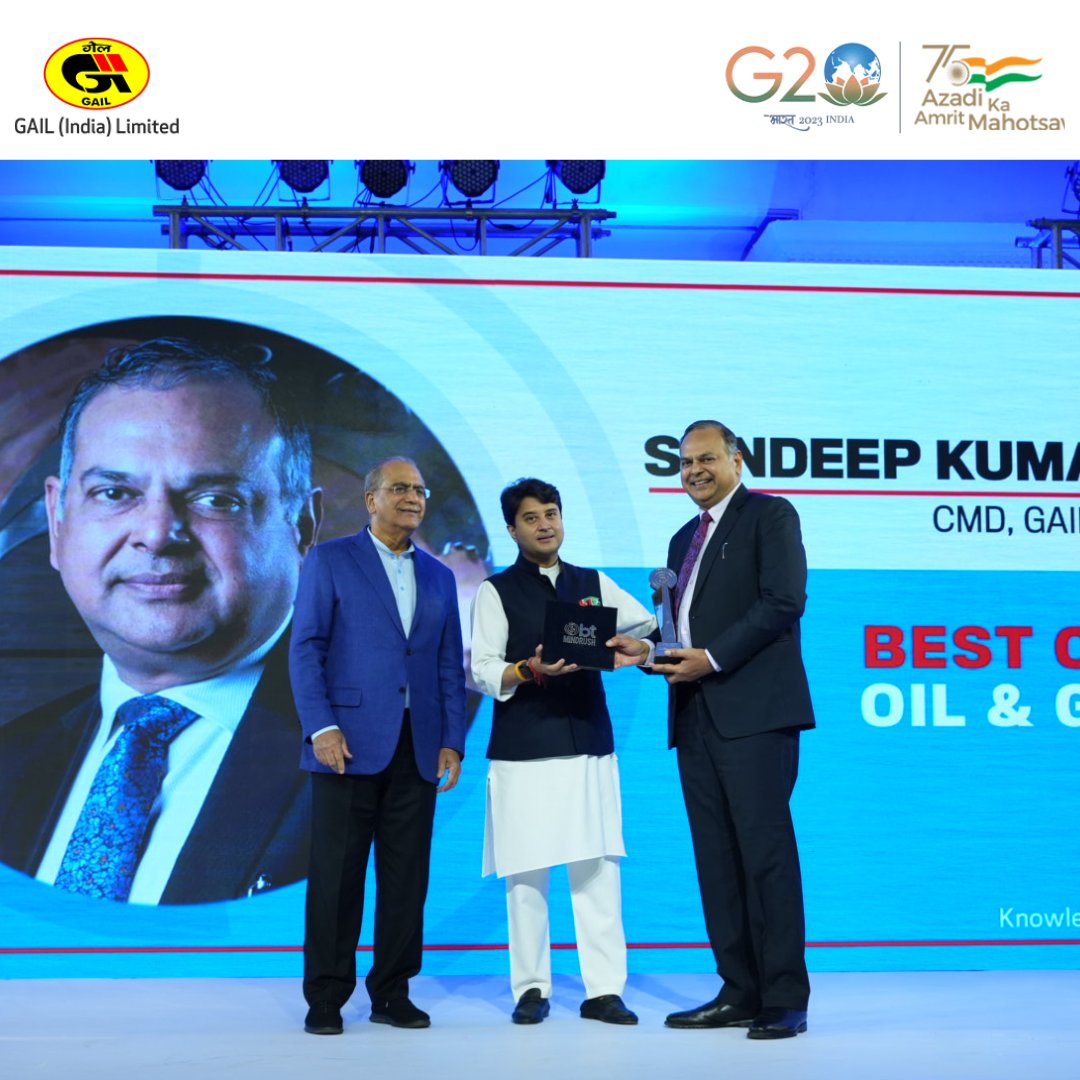 gailindia's tweet photo. Shri Sandeep Kumar Gupta, CMD, GAIL was awarded BT Best CEO Award for Oil and Gas Sector by Shri Jyotiraditya Scindia, Hon'ble Union Minister of Civil Aviation &amp; Steel, Govt of India in Mumbai held today at the Business Today function. https://t.co/4lnojO2Vsm
