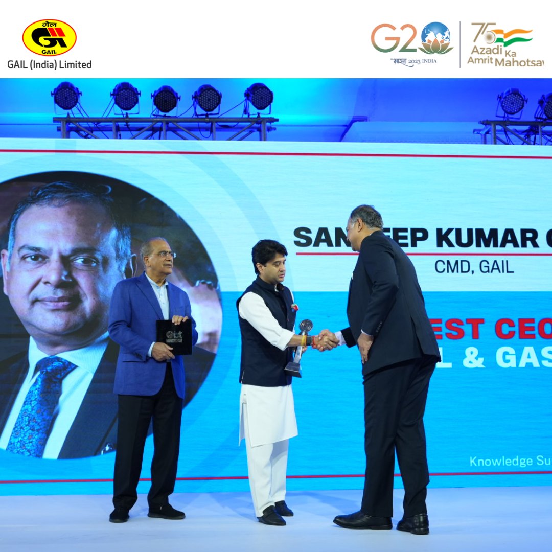 gailindia's tweet photo. Shri Sandeep Kumar Gupta, CMD, GAIL was awarded BT Best CEO Award for Oil and Gas Sector by Shri Jyotiraditya Scindia, Hon'ble Union Minister of Civil Aviation &amp; Steel, Govt of India in Mumbai held today at the Business Today function. https://t.co/4lnojO2Vsm