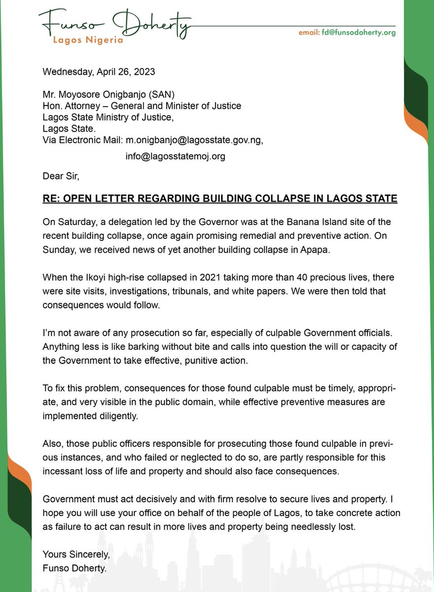 funsodoherty (@funsodoherty) on Twitter photo On Sunday, yet another building collapsed in Apapa following the very recent collapse in Banana Island and several others. Today, I wrote to the Attorney-General of Lagos State on this very disturbing and seemingly incessant trend. On Sunday, yet another building collapsed in Apapa following the very recent collapse in Banana Island and several others. Today, I wrote to the Attorney-General of Lagos State on this very disturbing and seemingly incessant trend.