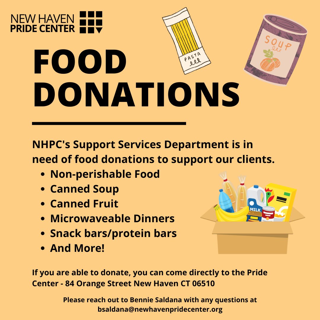 NHPC is always looking for food donations to help keep our Community Food Pantry full! This pantry directly supports LGBTQ+ folks who are food insecure, experiencing houselessness, and more. 

#fooddonations #foodpantry #communitypantry #lgbtq #queer #newhavenpridecenter