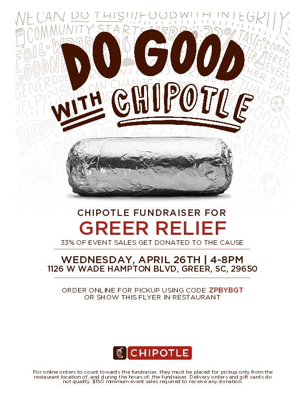 GreerRelief's tweet photo. Join is tonight at Chipotle from 4pm-8pm for our Greer Relief Week spirit night! If you are going to the fundraiser, be sure to say that you are with Greer Relief or show them this flyer to help us get credit.
.
#GreerReliefWeek #GreerRelief #BeOurGuest #AHandInChange #nonprofits https://t.co/um877JGXj2