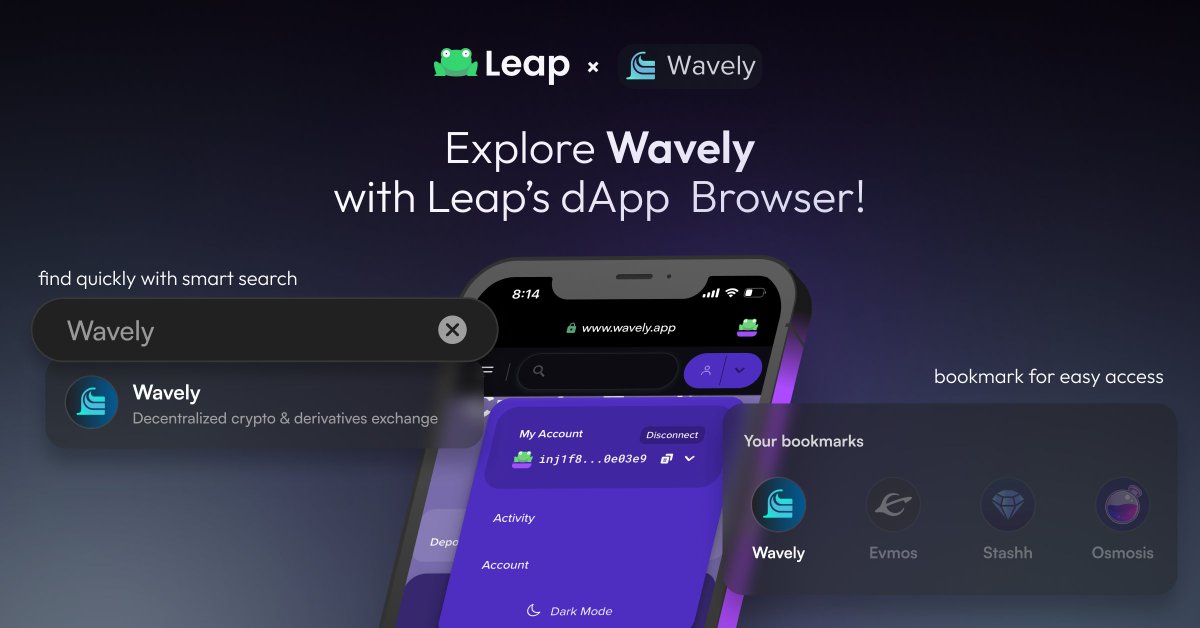 leap_wallet's tweet photo. exploring @WavelyApp is now easier, with @leap_cosmos 🐸

Leap's mobile dApp browser lets you find, connect, &amp; interact seamlessly.

you can also bookmark Wavely for instant, on-the-go access 🔖

try it out now 👇
https://t.co/bvdHEHviSU https://t.co/HdwUlZeJaR