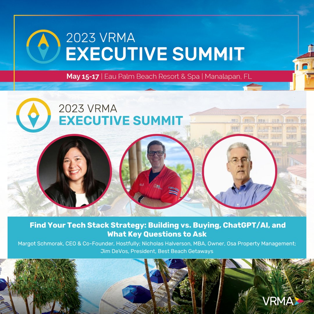 hostfully's tweet photo. 🤩 The 2023 @vrma Executive Summit is here. We're thrilled to announce that our very own Margot Schmorak will be sharing her expertise in a session alongside industry leaders: Nicholas Halverson, @OsaPropertyMgmt  and Jim DeVos, Best Beach Getaways! 
👉 https://t.co/VeO10ONMie https://t.co/Jp7ajdVFLB