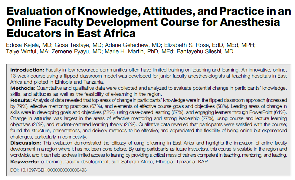 Fabulous working with a talented group of #Ethiopian anesthesiologists to develop and evaluate an online #facultydevelopment course @EdosaKejela @AdaneGetachew23 @twinanthro @BanSileshi @mariehmartin1 @ImPACT_Anes @ELMAPhilanthro @vuglobalhealth @VUMCglobalanes @Mark_NewtonMD