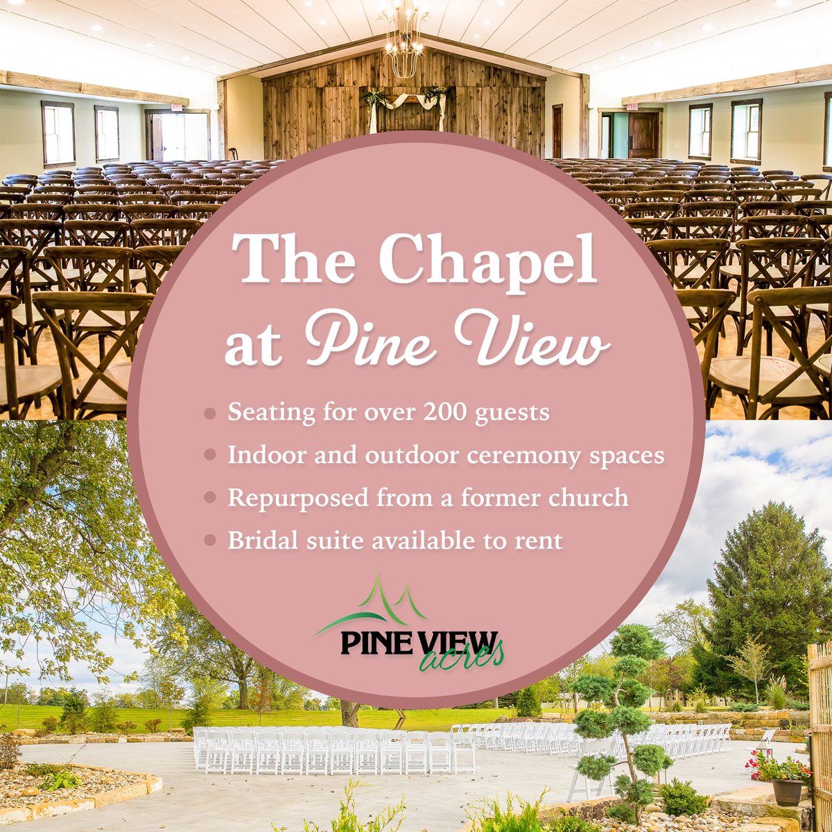 PineViewAcres's tweet photo. The Chapel here at Pine View Acres has both indoor and outdoor ceremony spaces with seating for over 200 guests. Learn more about the versatile venue here: https://t.co/ZnAN7nE0ST https://t.co/WHZkYJzNkc