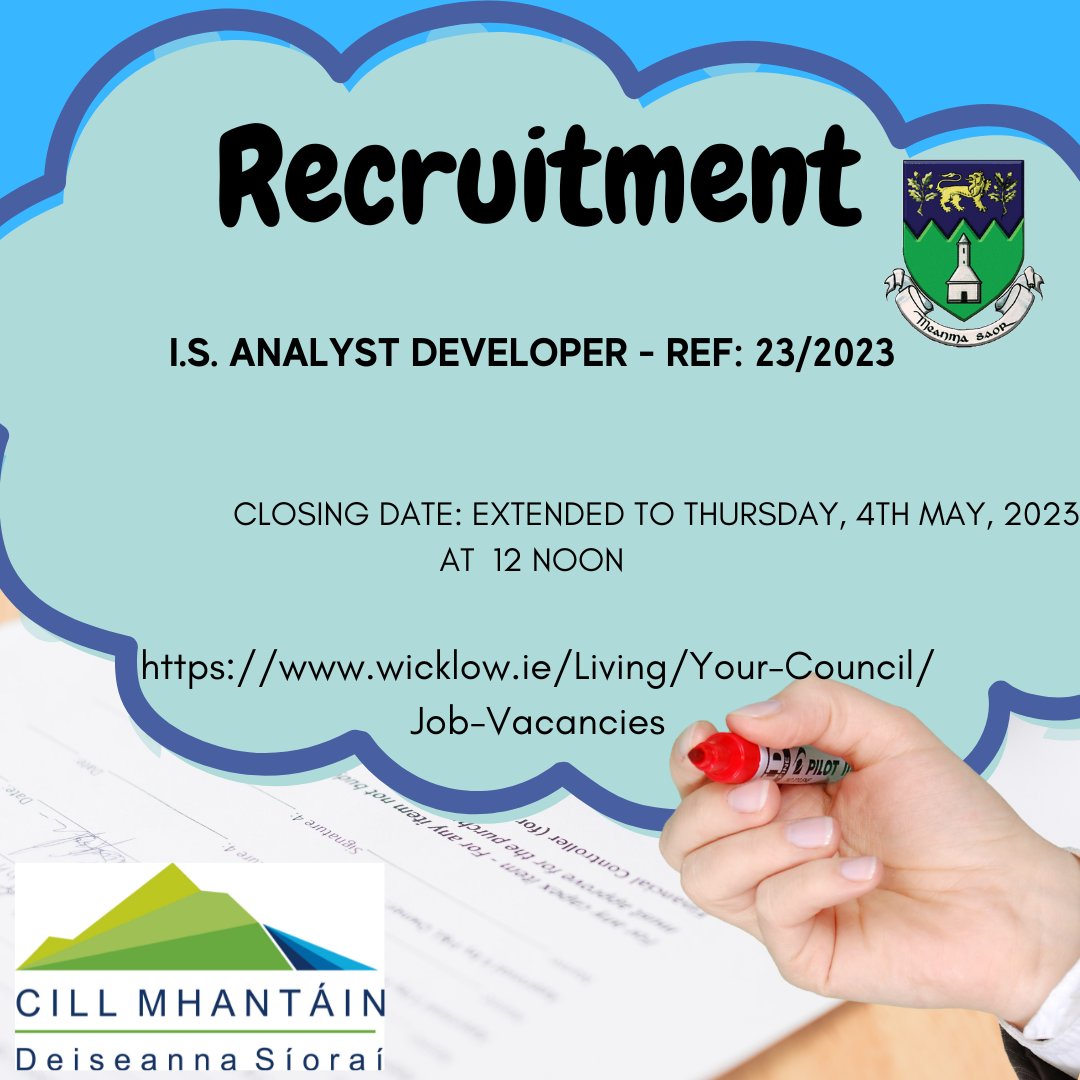 wicklowcoco's tweet photo. Applications are invited for the post of I.S. Analyst Developer - Ref: 23/2023
https://t.co/x1FBjRGN3v
#jobfairy #publicappointmentservice #localgovire #publicjobs https://t.co/ZqVnJfeEOO