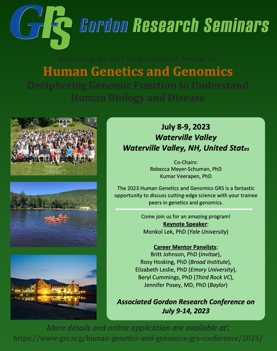 Calling all #genetics #trainees! The @GordonConf for trainees (GRS) for human genetics abstract submission deadline: May 5th, 2023. . Come join us for a scientifically stimulating program. Details: grc.org/human-genetics… Tagging previous GRC and GRS HGG Co-Chairs! :)