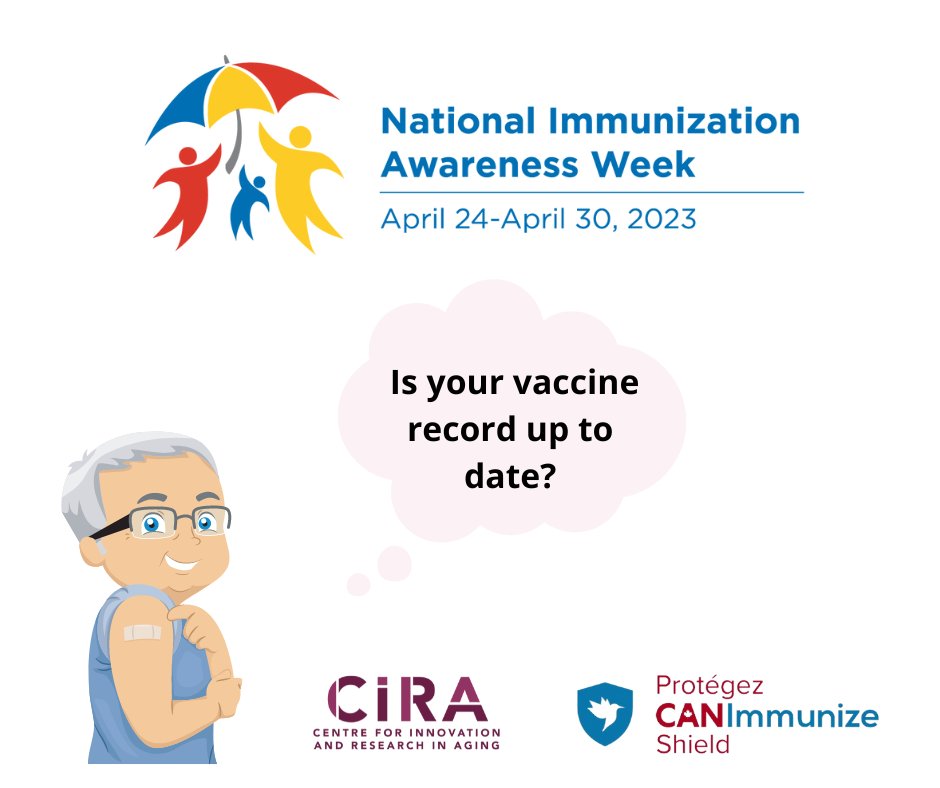 Did you know it's National Immunization Awareness Week? Our @CANImmunize project is still recruiting older adults to take part in a study about #immunizations. Contact communications@ycc-cira.ca for more info. #NIAW2023 #VaccinesWork #GetImmunized #AgingResearch #CIRA