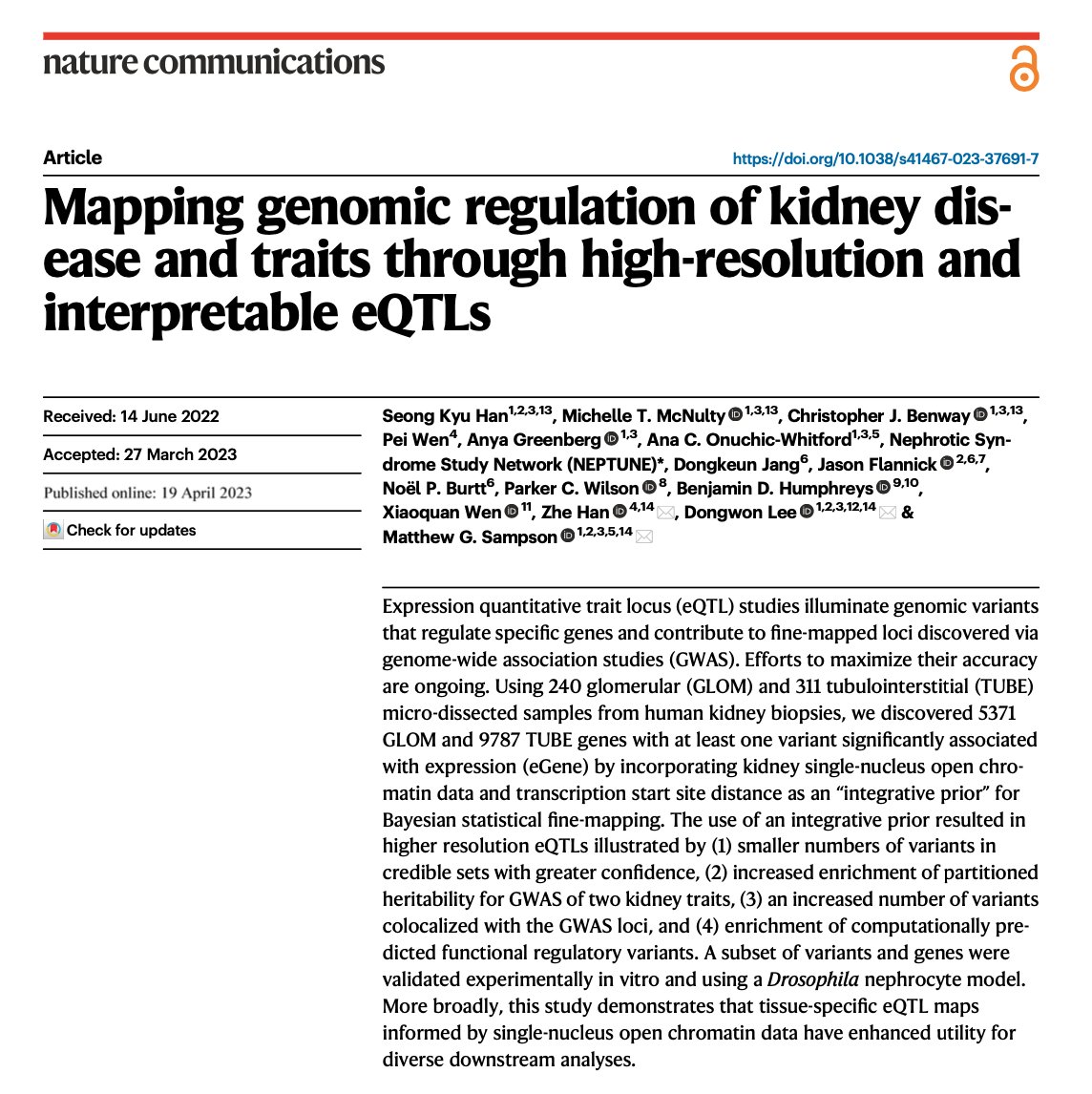 Our paper on 'Mapping genomic regulation of kidney disease and traits through high-resolution and interpretable eQTLs' is published! Congrats @m_t_mcnulty @han_seongkyu @cbenway @AnyaDGreenberg @dongwon_lee @kidneyomicsamps @HumphreysLab @parkercwilson go.nature.com/3NiCygX